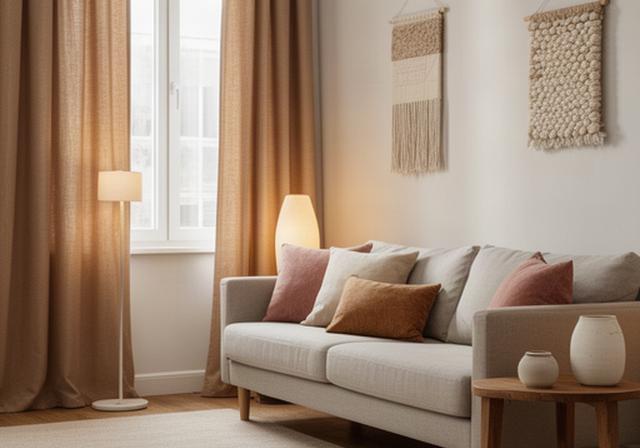 Huurwoning met zandkleurige gordijnen, kussens en wandkleed zonder permanente aanpassingen