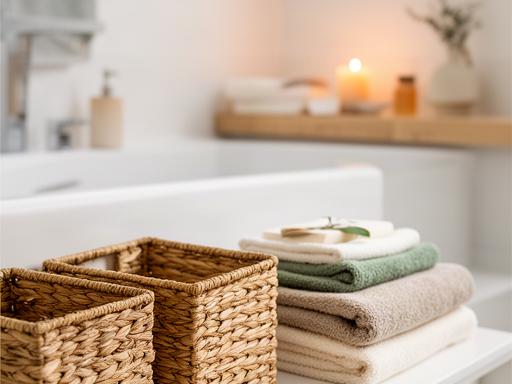 Badkamer met natuurlijke manden, handdoeken en een klein windlicht