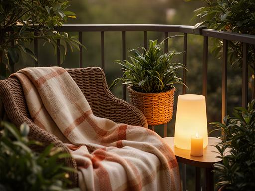 Gezellig balkon met windlicht, plantenmand en zachte plaid op een stoel