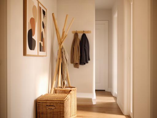 Warme hal met wanddecoratie, houten kapstok en opbergmand