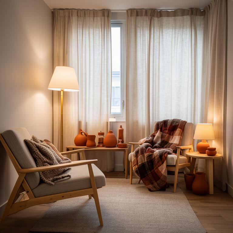Huurstudio met warme verlichting, linnen gordijnen, wollen plaid en terracotta accessoires