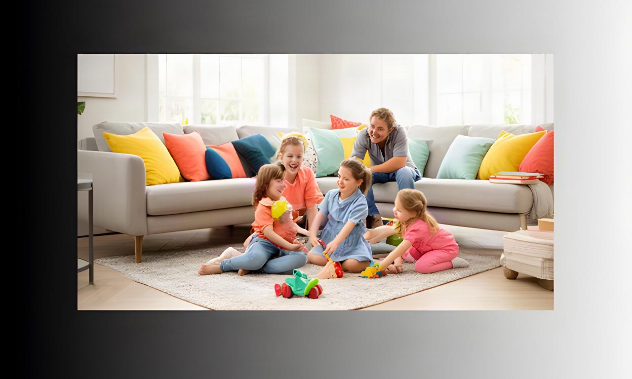 Gezin met twee kinderen speelt op een zacht vloerkleed in een lichte woonkamer met kleurrijke kussens