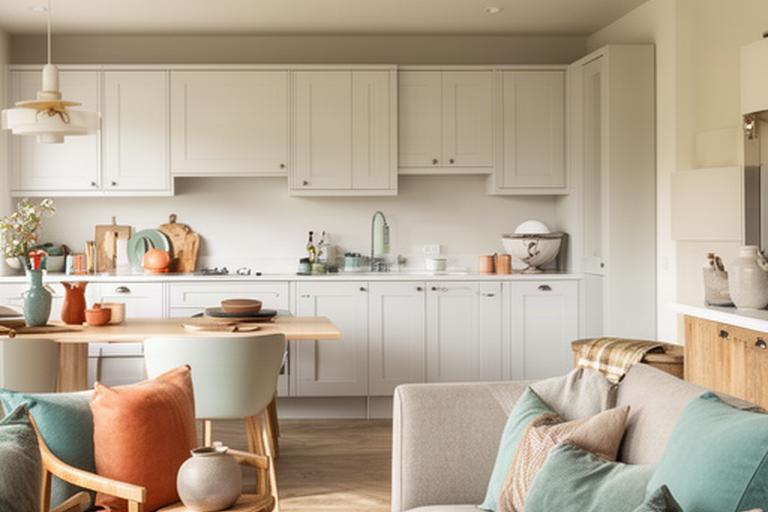 Open keuken en woonkamer met rustig kleurconcept en bijpassende accessoires