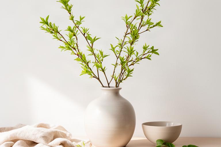Frisse voorjaarsstyling met lichte vaas, groene takken en naturel textiel