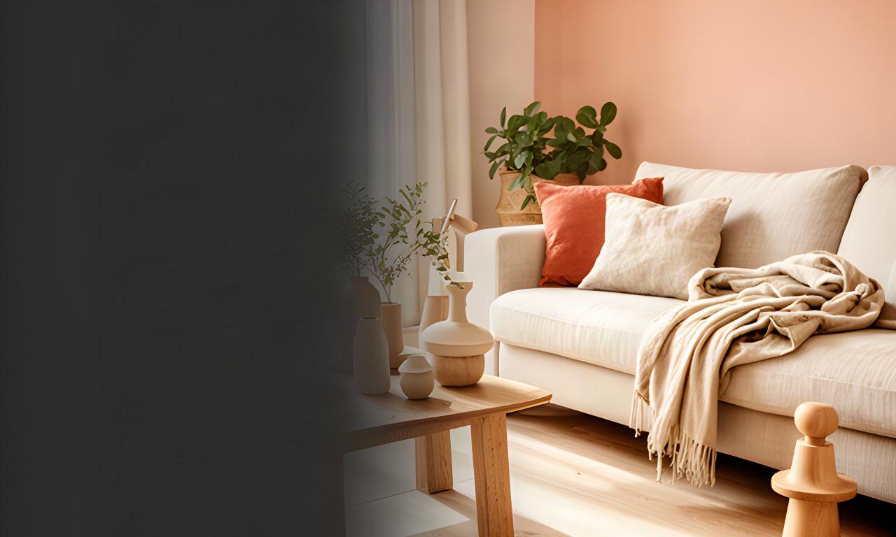 Warme woonkamer in Venray met linnen kussens, zachte plaids en houten woonaccessoires