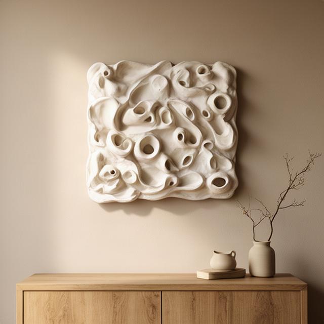 Handgemaakte keramische wanddecoratie boven een houten dressoir