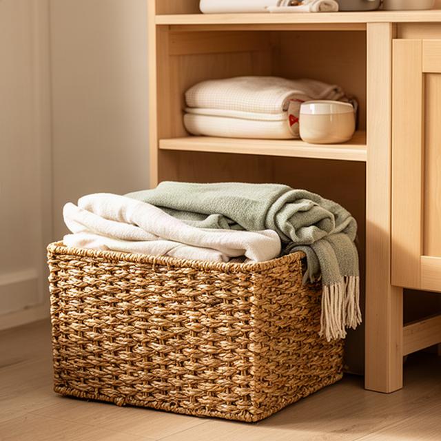 Rieten opbergmand naast een kast met plaids en woonaccessoires