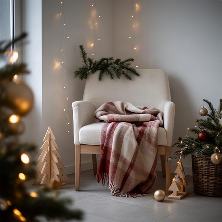 Knusse kersthoek met zachte plaid, houten decoratie en lichtslingers