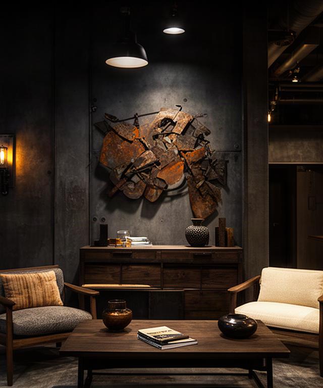 Industrieel interieur met metalen wanddecoratie, donker hout en warme verlichting