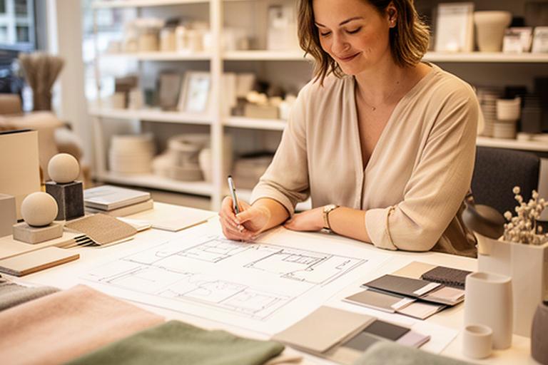 Interieurstyliste in de winkel van 1A Decor de Wit in Venray met textielstalen en een woningplattegrond
