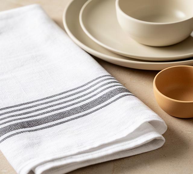 Katoenen keukenhanddoek met fijne strepen naast keramieken servies