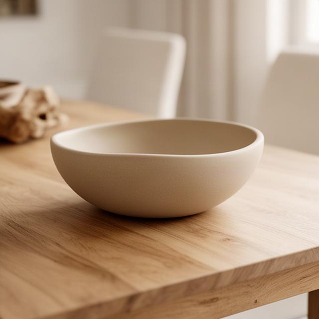Zandkleurige keramieken decoratieve schaal op een houten eettafel
