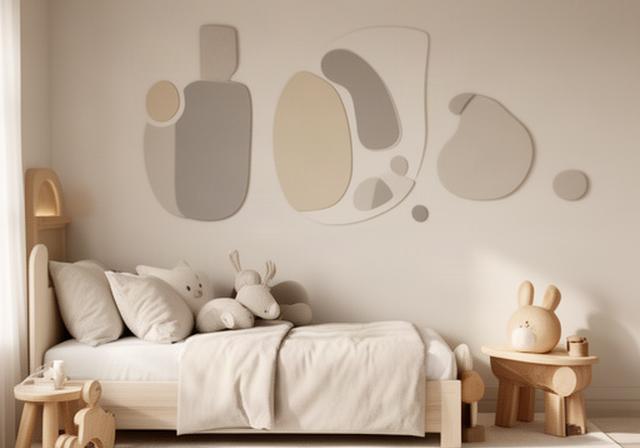 Kinderkamer met bedtextiel, zachte wanddecoratie en houten accessoires in neutrale kleuren