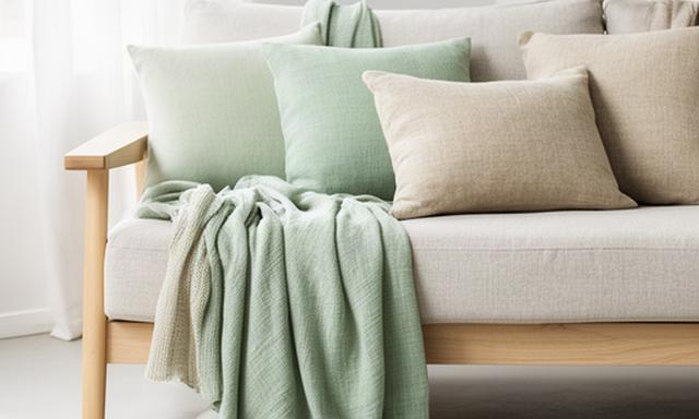 Kleurthema met mintgroen en naturel woontextiel op een lichte bank