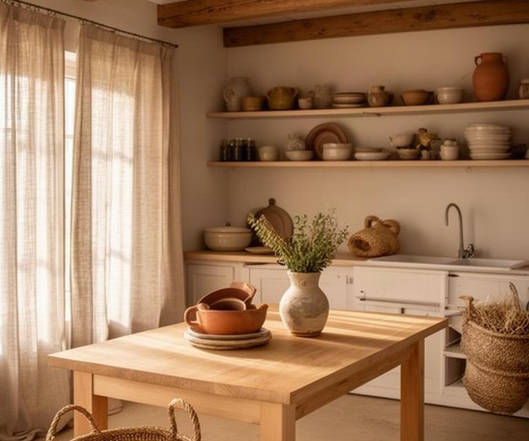Landelijke keuken met lichte eiken tafel, linnen gordijnen, aardewerk vaas en geweven mand