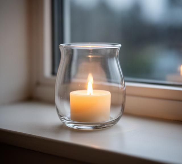 Klein glazen windlicht met zacht kaarslicht op een vensterbank