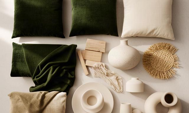 Moodboard met neutrale accessoires en diepe groene kleuraccenten in textiel