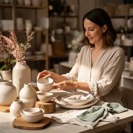 Jeaninne Fekken, stylist van 1A Decor de Wit, met een tafelstyling van keramiek en hout