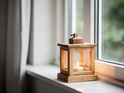 Kleine houten lantaarn op een Scandinavische vensterbank