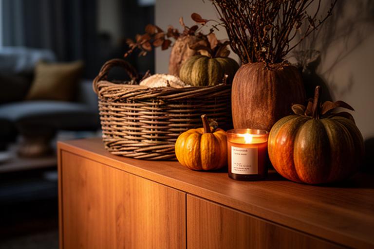 Herfstbosdecoratie op een houten kast met kunstpompoenen, gevlochten mand en brandende geurkaars