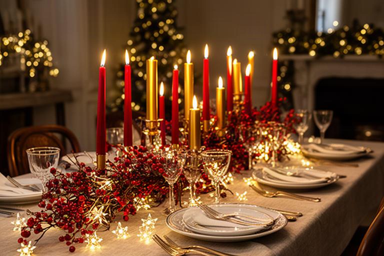 Stijlvolle kersttafel met rode en gouden kaarsen, bessentakken en kleine sterrenlichtjes
