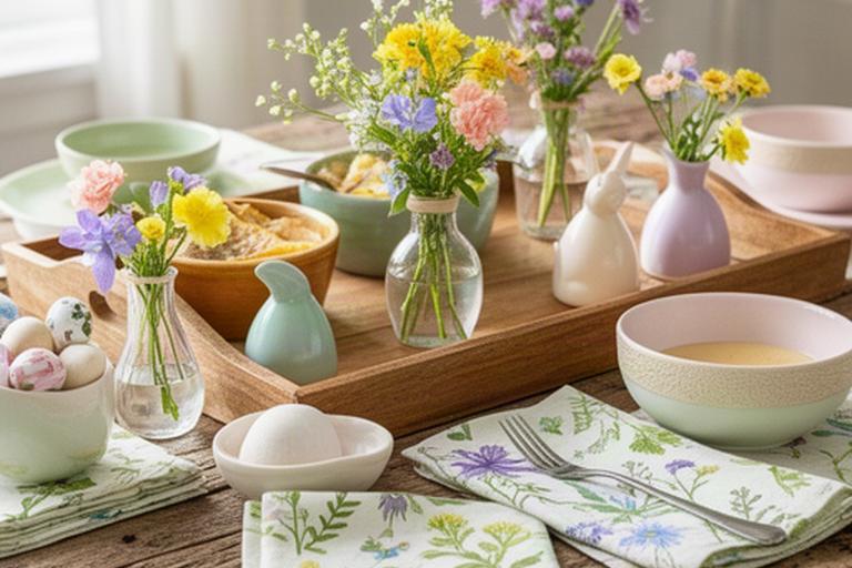 Lente-brunch op een houten tafel met kleine bloemenvaasjes, botanische servetten en een houten dienblad