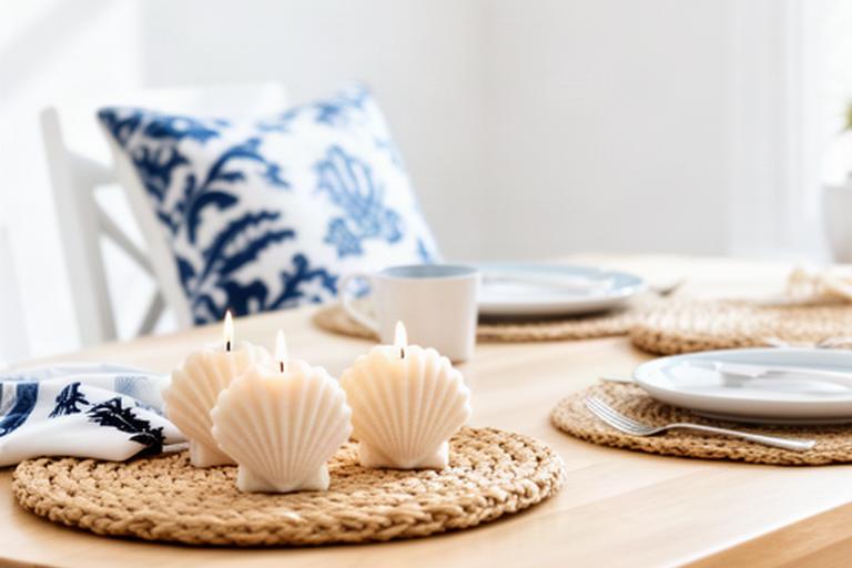 Zomers strandthema op een lichte eettafel met schelpenkaarsen, jute placemats en blauw-wit kussen