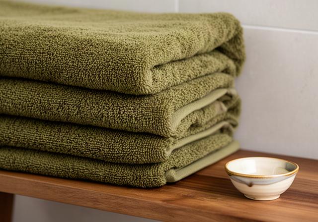 Dikke olijfgroene handdoeken op een houten badkamerbank met een keramieken schaaltje