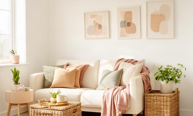Lichte woonkamer in een nieuwbouwwoning met kussens, plaid, manden en wanddecoratie