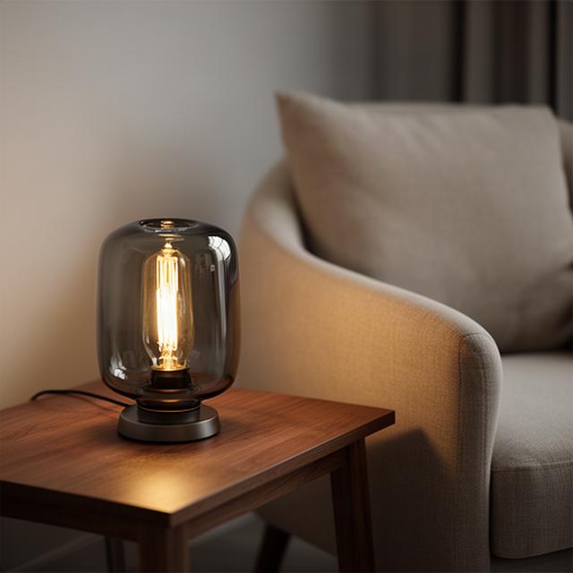 Tafellamp met gerookt glas op een houten bijzettafel naast een fauteuil