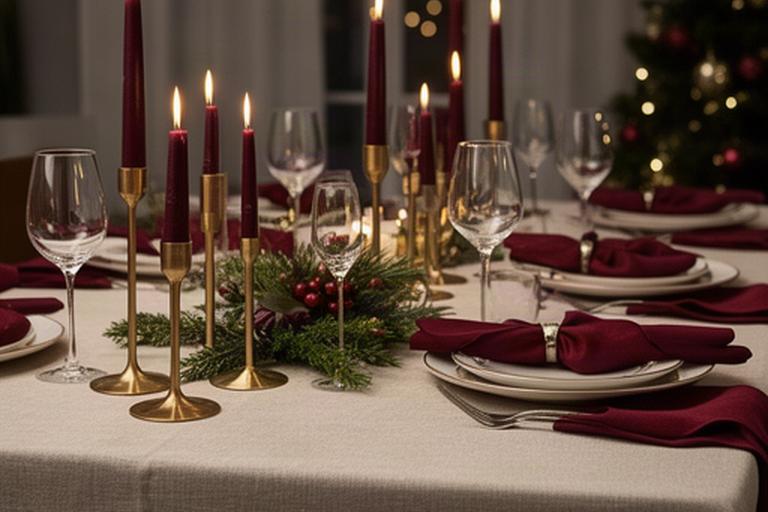 Chique kerstdiner met linnen tafelkleed, gouden kandelaars en diepe rode servetten