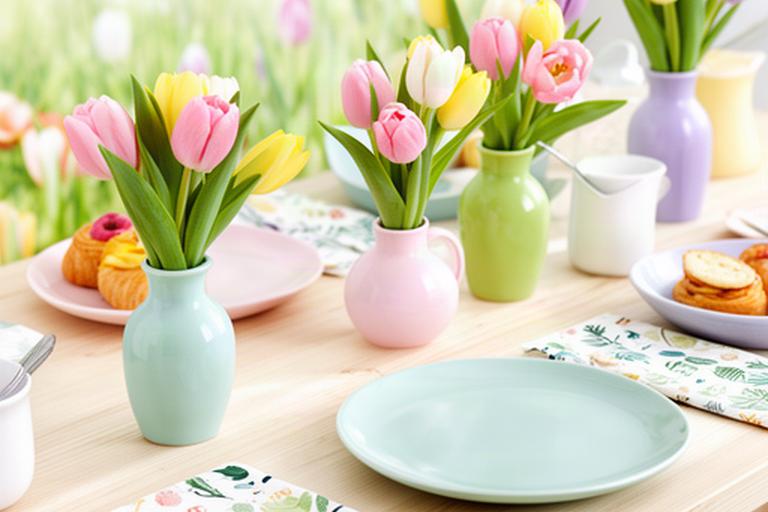 Vrolijk paasontbijt met pastel aardewerk, kleine tulpenvaasjes en botanische servetten