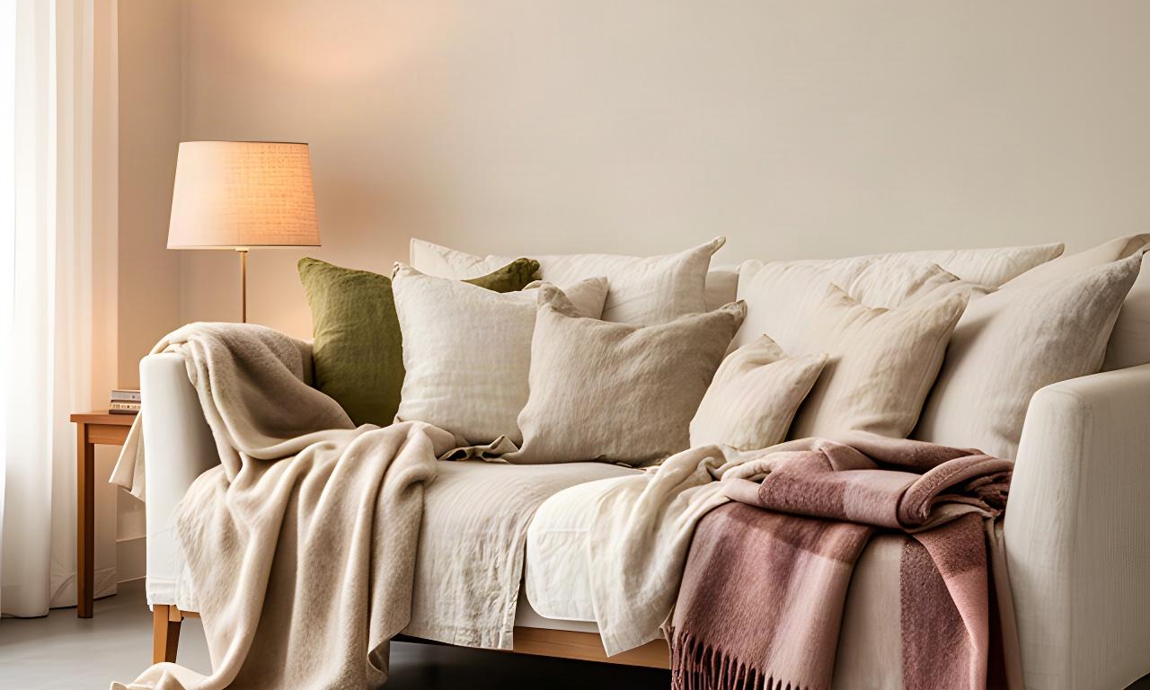 Lichte woonkamer in Venray met een bank vol linnen kussens, een wollen plaid en een lamp met stoffen kap
