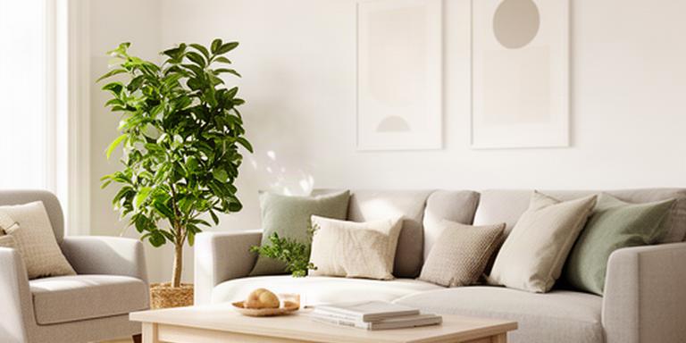 Rustig gestylede woonkamer voor woningbezichtiging met neutrale kussens en groene plant