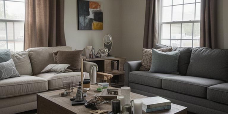 Woonkamer voor verkoopstyling met lege salontafel en onrustige accessoires