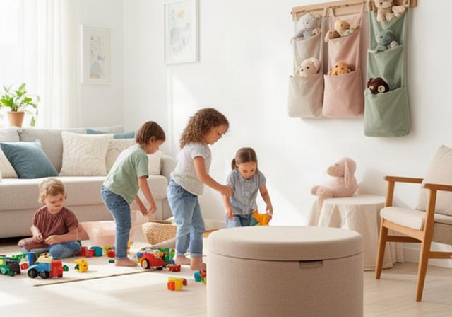 Lichte woonkamer met kinderen, een ronde opbergpoef en speelgoedzak aan de wand