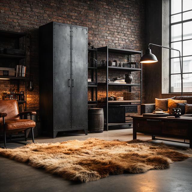 Industriële loft met stalen kast, donker hout en een warm wollen vloerkleed