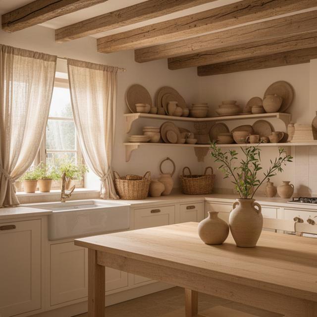 Landelijke keuken met houten balken, linnen gordijnen en aardewerken servies